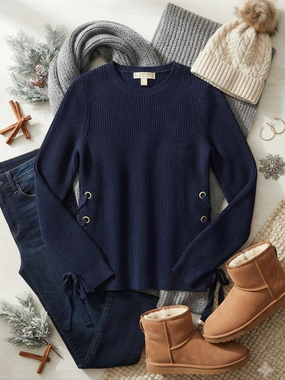 Michael Kors Blue Chunky Rib Knit Side Tie Long Sleeve Sweater